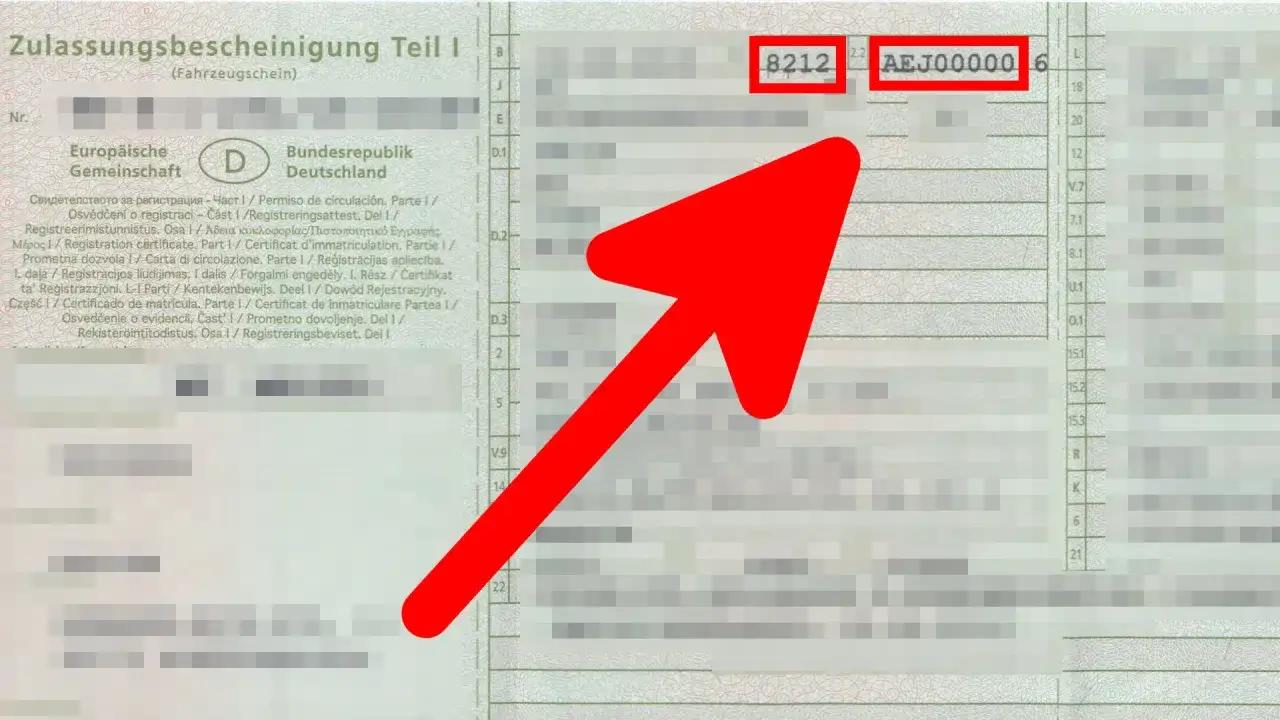 Fahrzeugschein mit den Feldern 8212 und AEJ00000, die auf tsn vsn hinweisen.