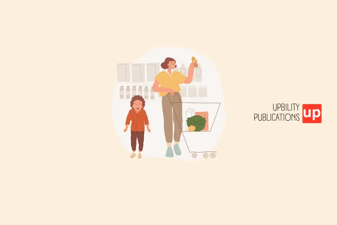 Mamma al supermercato con bambino che fa i capricci. La spesa include verdura e latte.