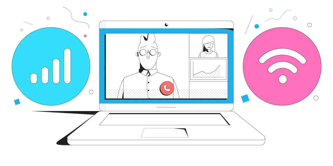 Laptop z wideokonferencją, ikony sygnału i Wi-Fi. Ktoś próbuje obejrzeć Netflix, ale internet nie działa.