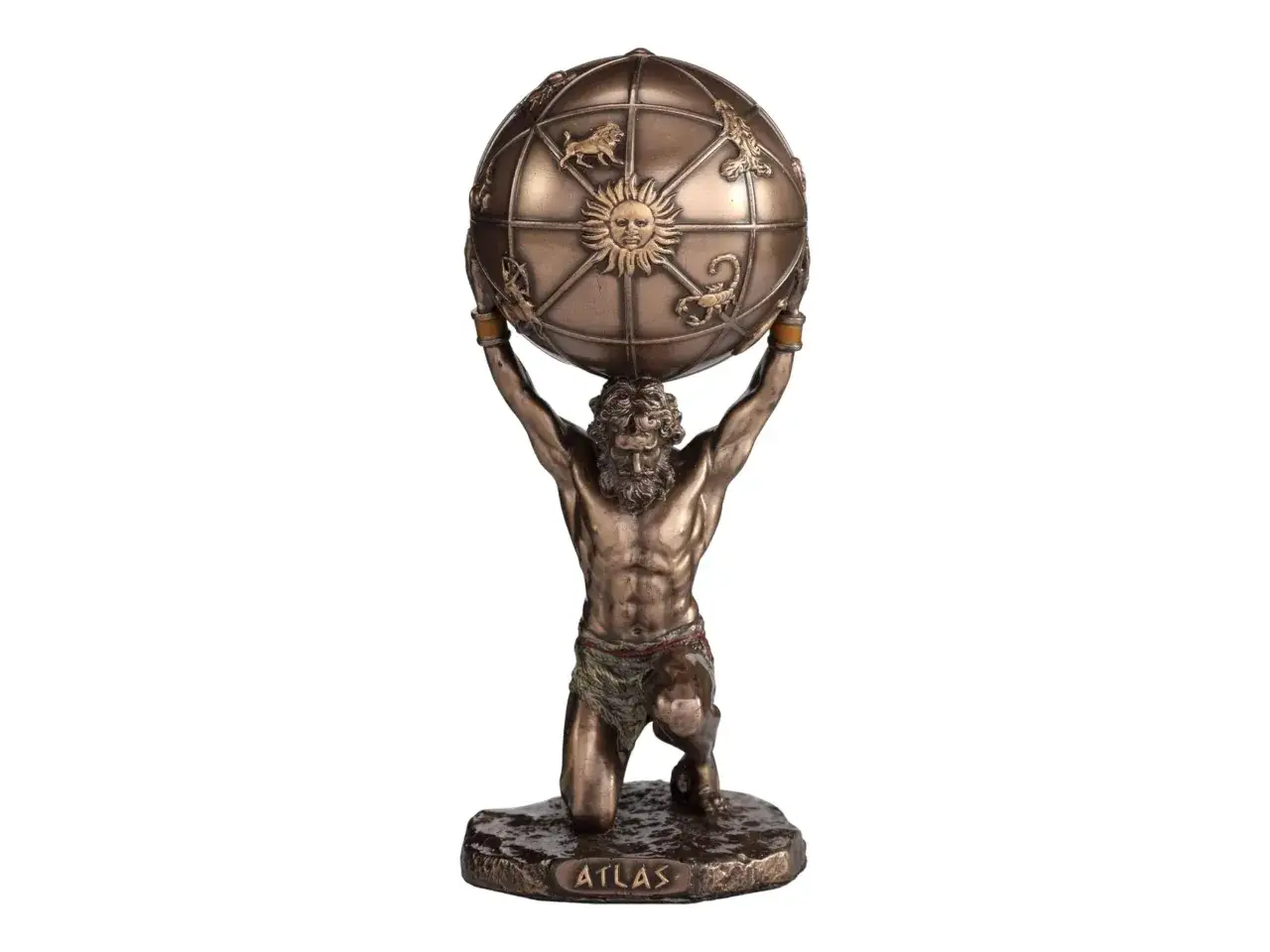 Statue d'Atlas, figure de l'atlas mythologie, portant le ciel orn&eacute; du soleil et des signes du zodiaque.