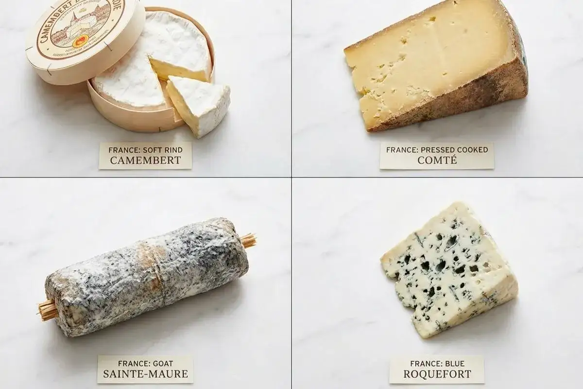Quatre fromages fran&ccedil;ais : Camembert cr&eacute;meux, Comt&eacute; affin&eacute;, Sainte-Maure cendr&eacute; et Roquefort persill&eacute;, un assortiment de saveurs, dont un fromage qui sent fort.
