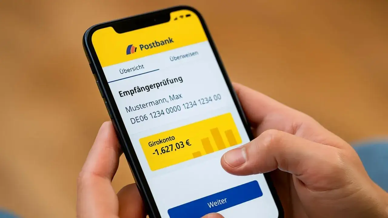 Hand h&auml;lt Smartphone mit Postbank-App. Das Girokonto zeigt einen negativen Saldo von -1.627,03 &euro;, was auf Postbank Probleme hindeutet.