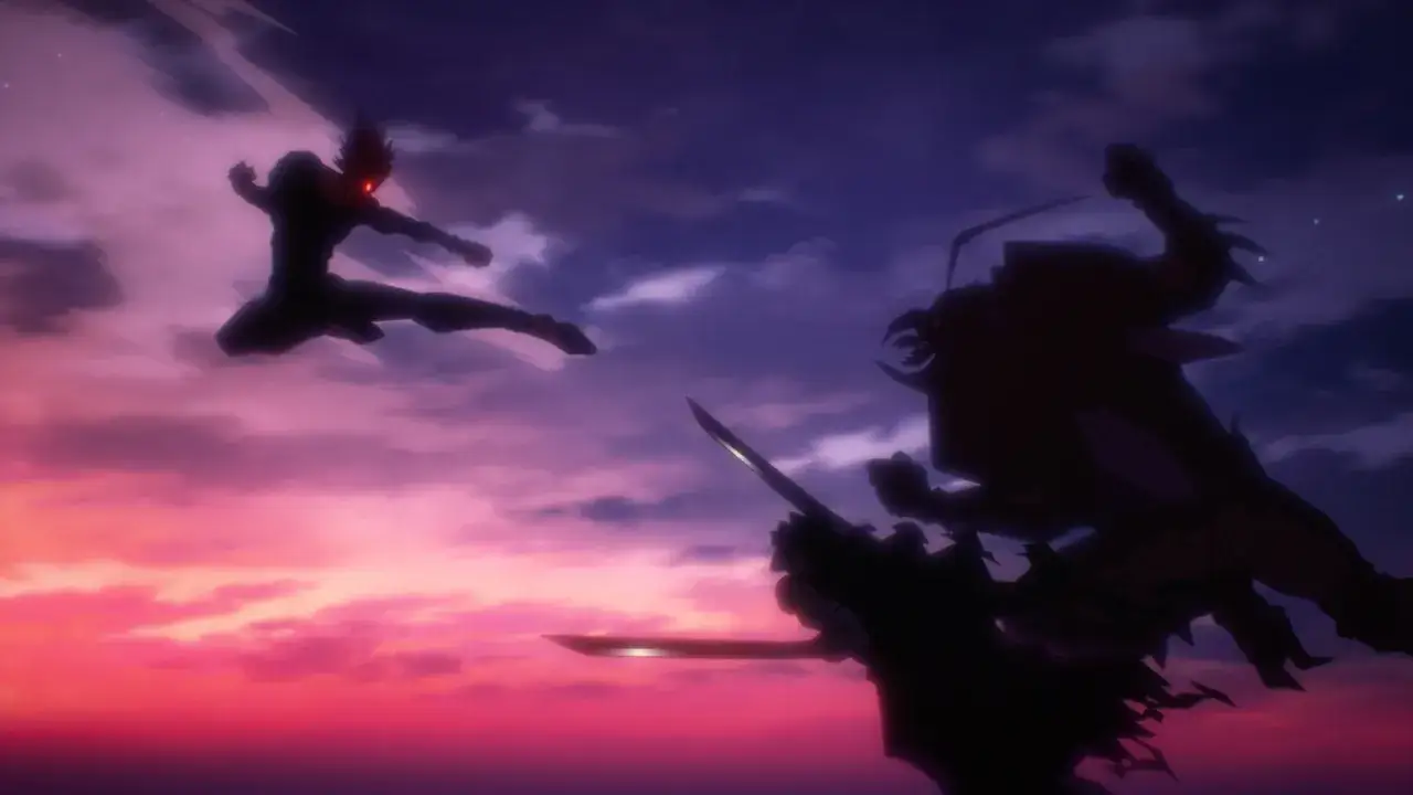 Garou springt im Kampf gegen einen riesigen Gegner. Ein weiterer Kämpfer mit Schwertern ist im Vordergrund zu sehen. Ein spannender Moment aus One Punch Man Staffel 3.