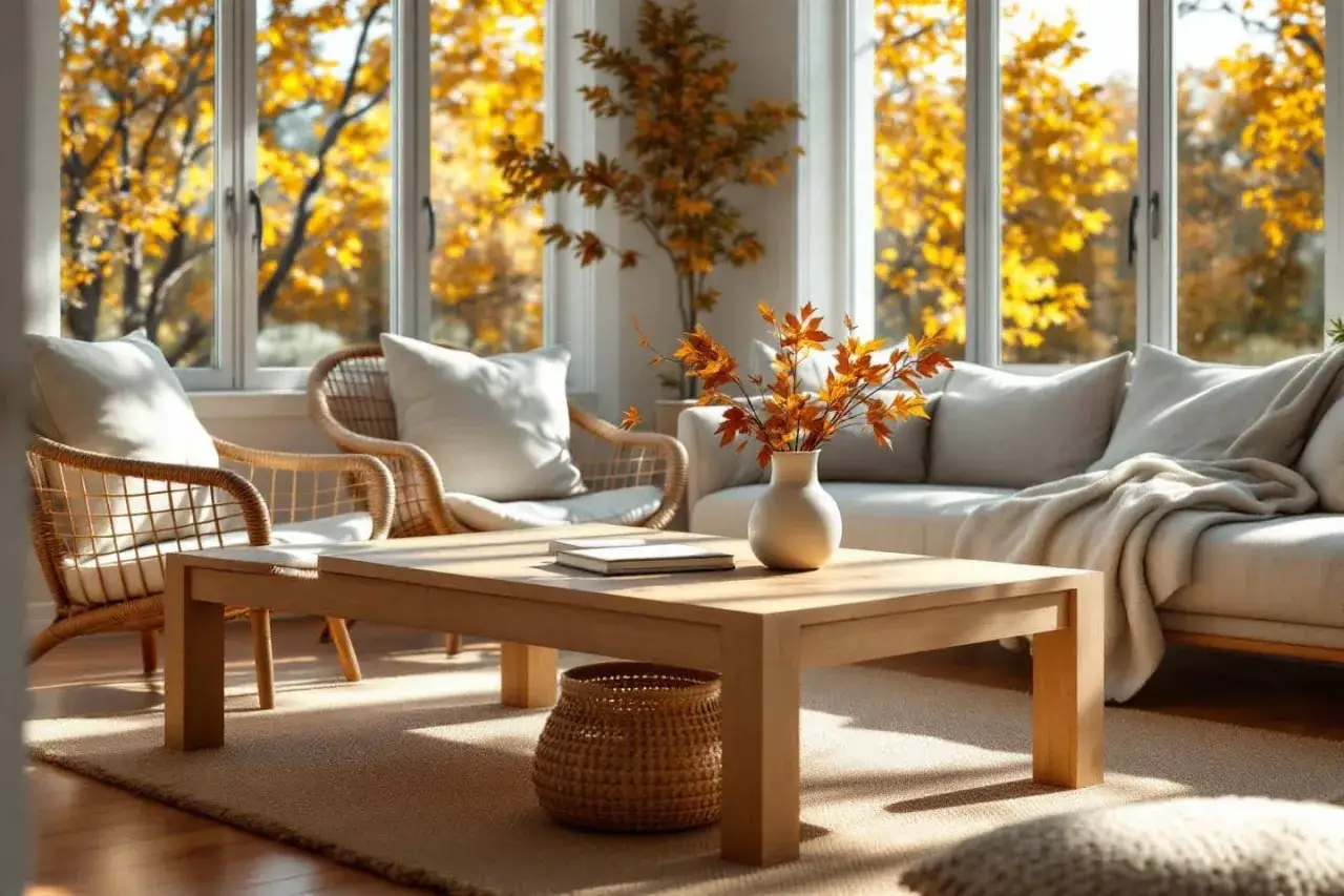 Un salon boheme nature baign&eacute; de lumi&egrave;re automnale. Des fauteuils en rotin, un canap&eacute; douillet, une table basse en bois et des branches aux feuilles orang&eacute;es cr&eacute;ent une atmosph&egrave;re chaleureuse.