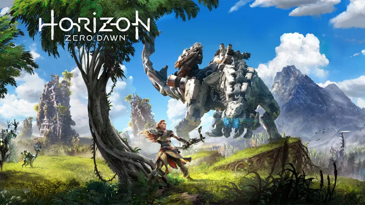 Aloy z łukiem walczy z mechanicznym mamutem. W tle ruiny i g&oacute;ry. To świat Horizon Zero Dawn, pełen wyzwań i trofe&oacute;w do zdobycia.