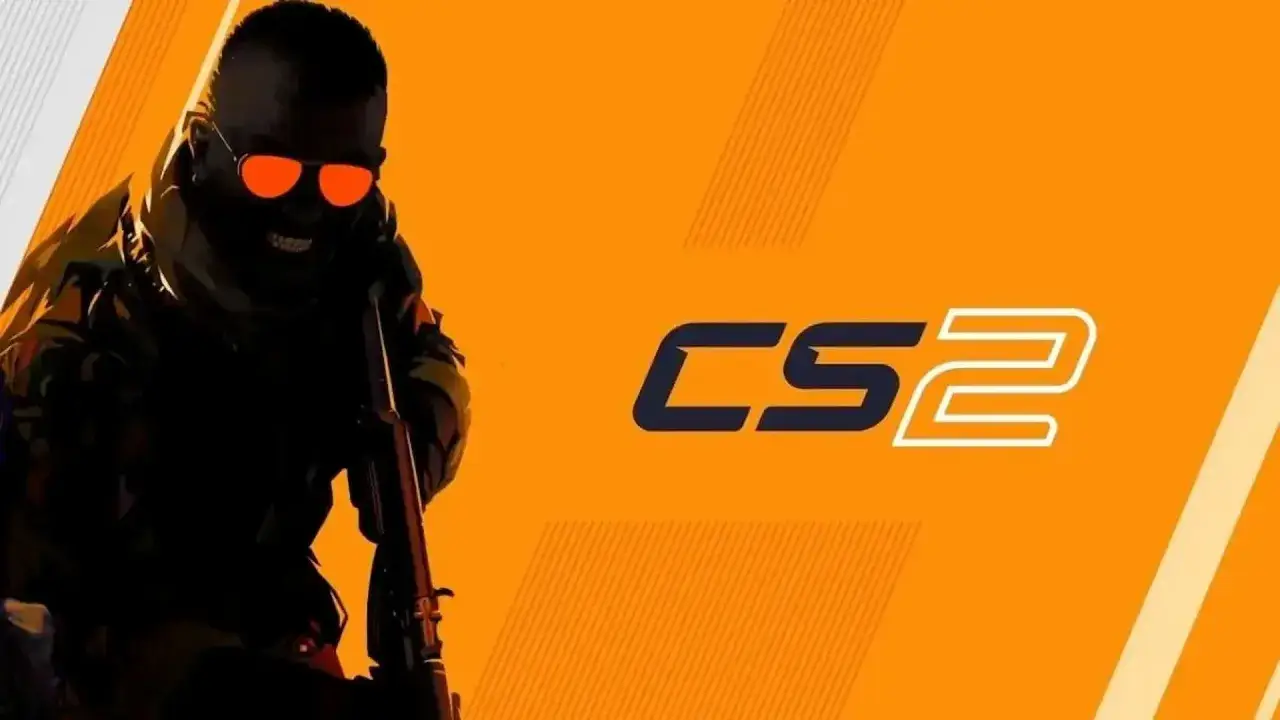 Postać w okularach z pomarańczowymi szkłami i karabinem, logo CS2. Komenda na fps cs2.