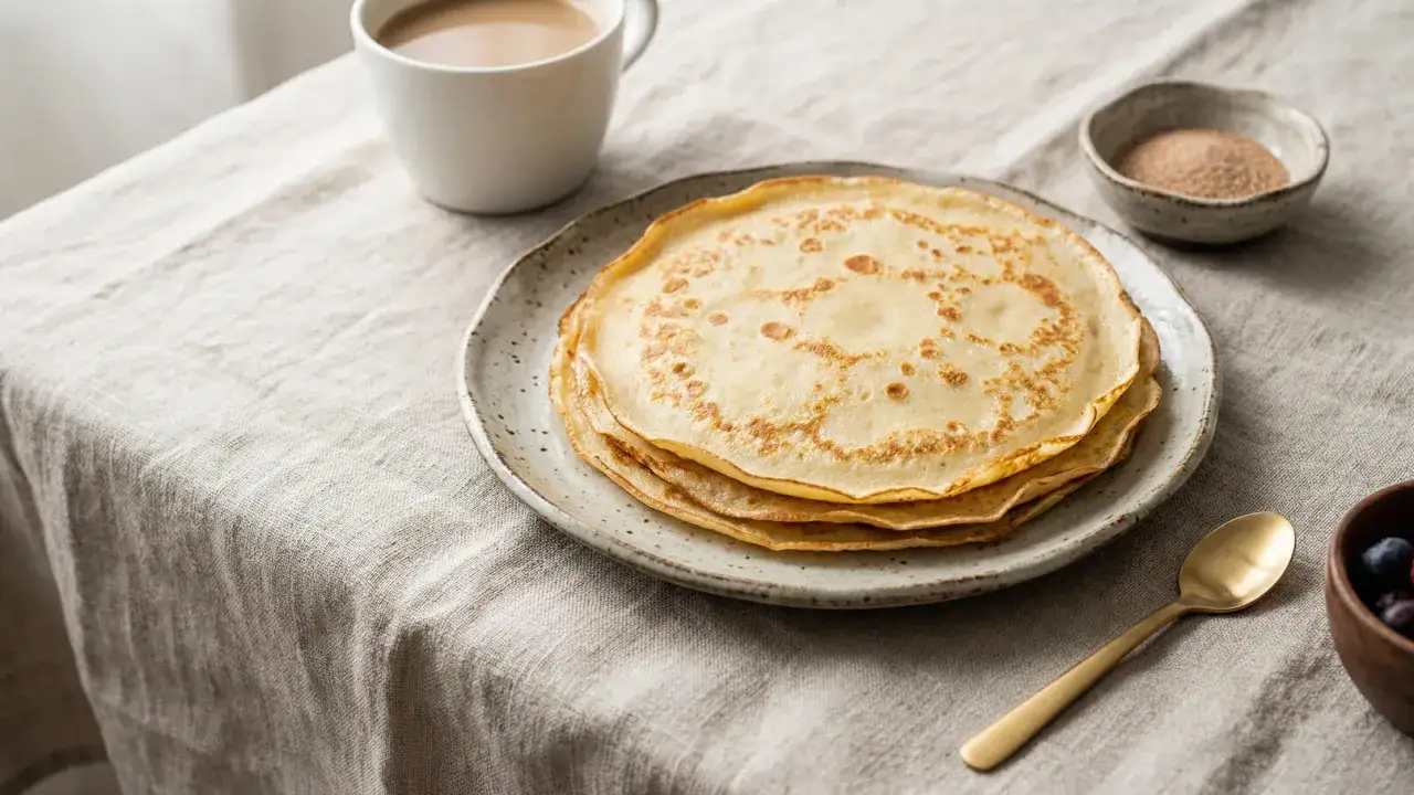 Ein Stapel goldbrauner Eierkuchen, bereit f&uuml;r ein k&ouml;stliches Eierkuchen Rezept. Daneben eine Tasse Kaffee und eine Schale Zucker.