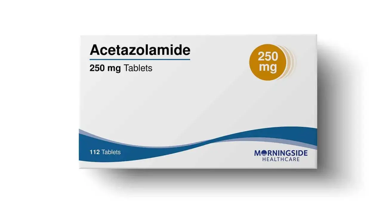 Opakowanie leku Acetazolamide 250 mg, zawierające 112 tabletek. Stosowany w leczeniu jaskry i obrzęków, jako diuretyk.
