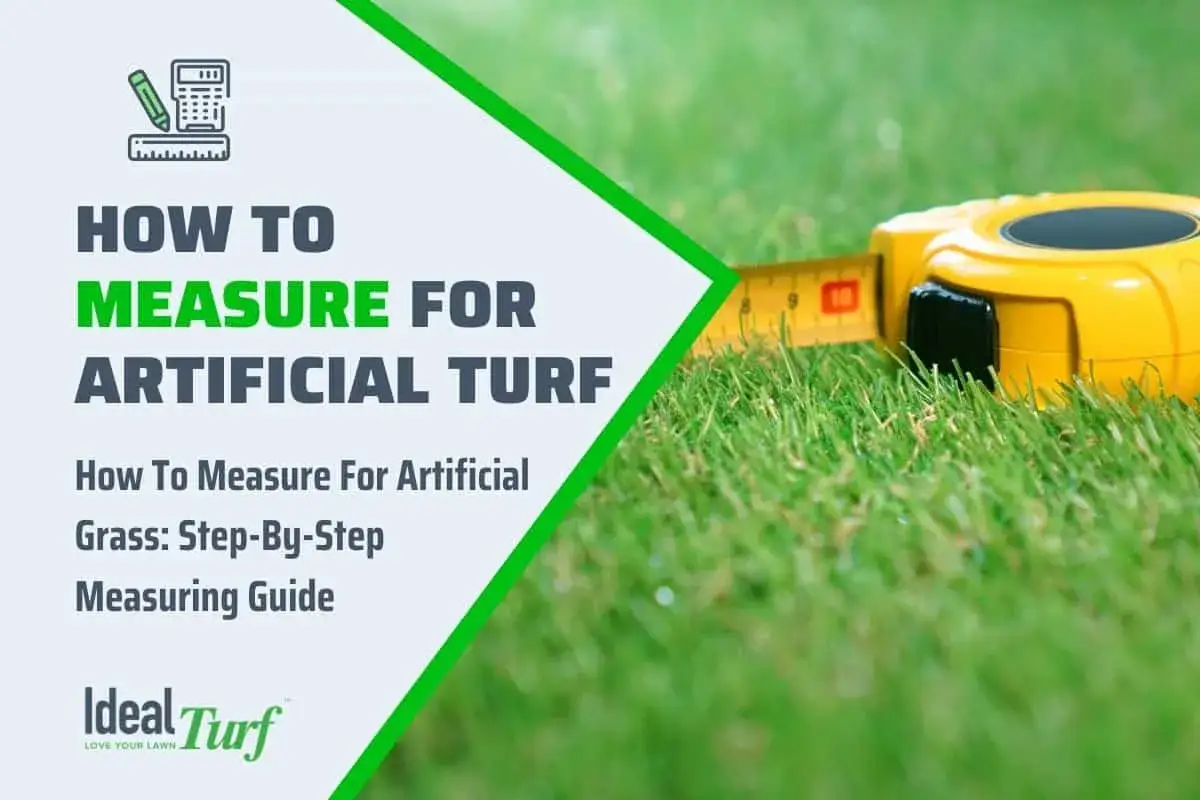 Gu&iacute;a para medir m2 de c&eacute;sped artificial. Cinta m&eacute;trica amarilla sobre c&eacute;sped verde, con t&iacute;tulo 