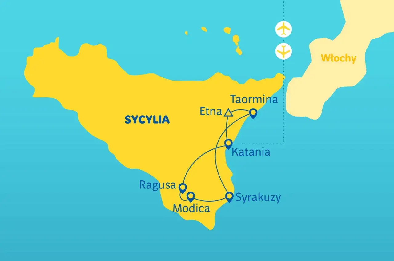 Mapa Sycylii z zaznaczonymi miastami: Taormina, Etna, Katania, Syrakuzy, Modica, Ragusa. Pokazuje trasę podróży, w tym dojazd z Katanii do Syrakuz.