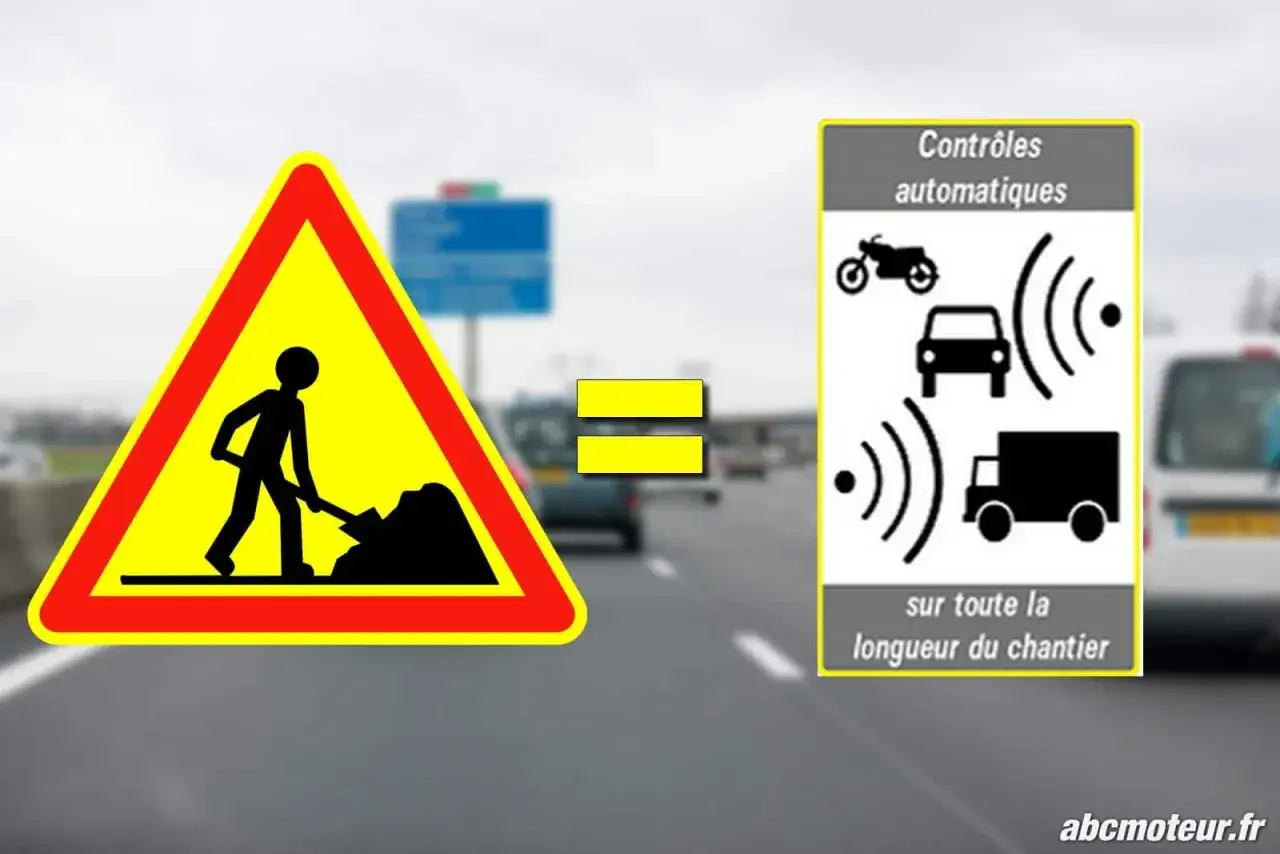 Panneau de danger travaux (homme avec pelle) équivaut à un radar de chantier avec contrôles automatiques pour motos, voitures et camions.