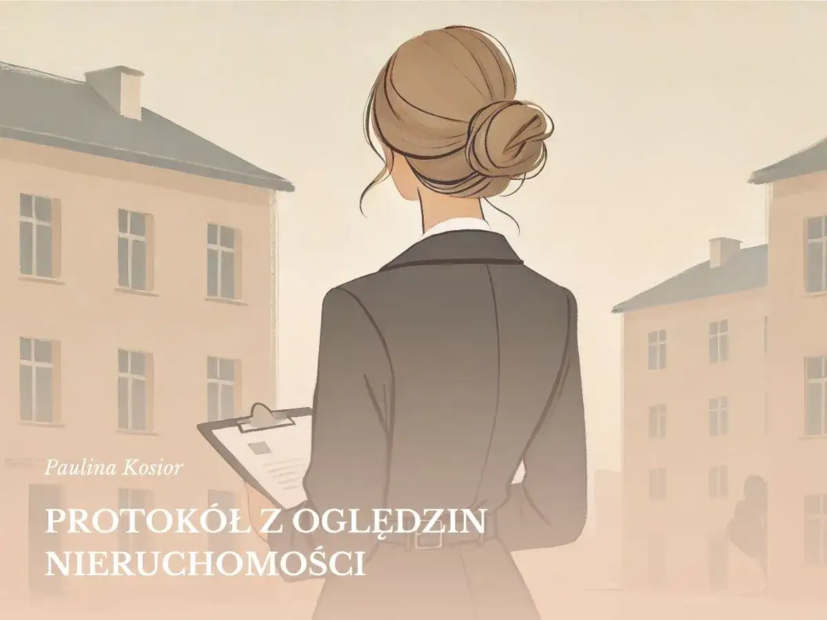 Kobieta w garniturze z teczką w ręku, przygotowująca wycenę domu. W tle kamienice.