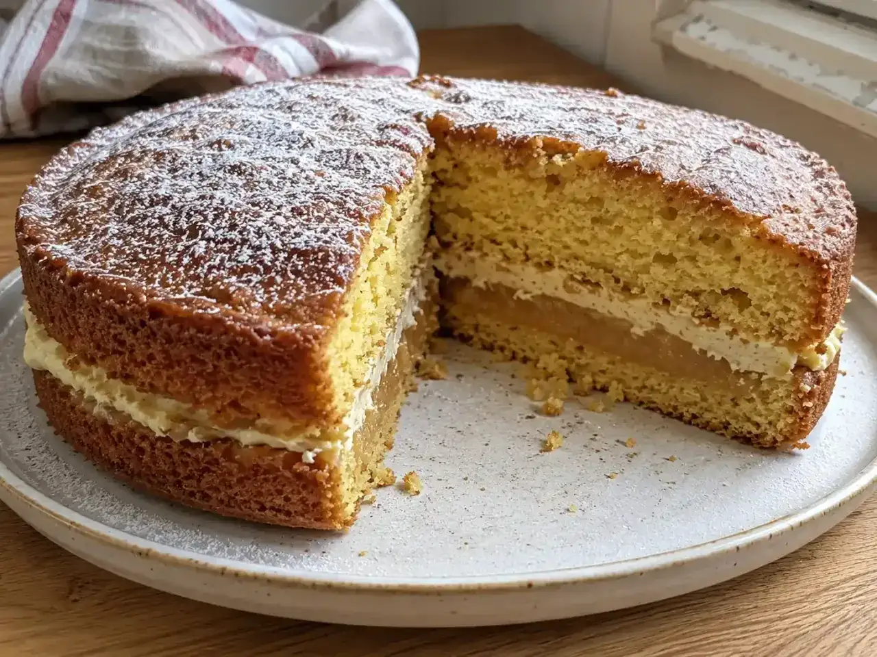 En saftig sockerkaka med fluffig grädde och äppelmos, perfekt för ett mysigt fika. Ett enkelt sockerkaka recept att prova!