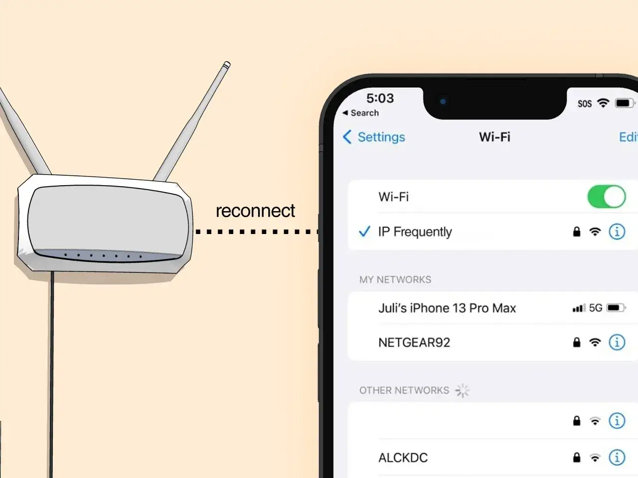 Router i iPhone pokazują dostępne sieci Wi-Fi. Widzimy listę sieci, w tym 