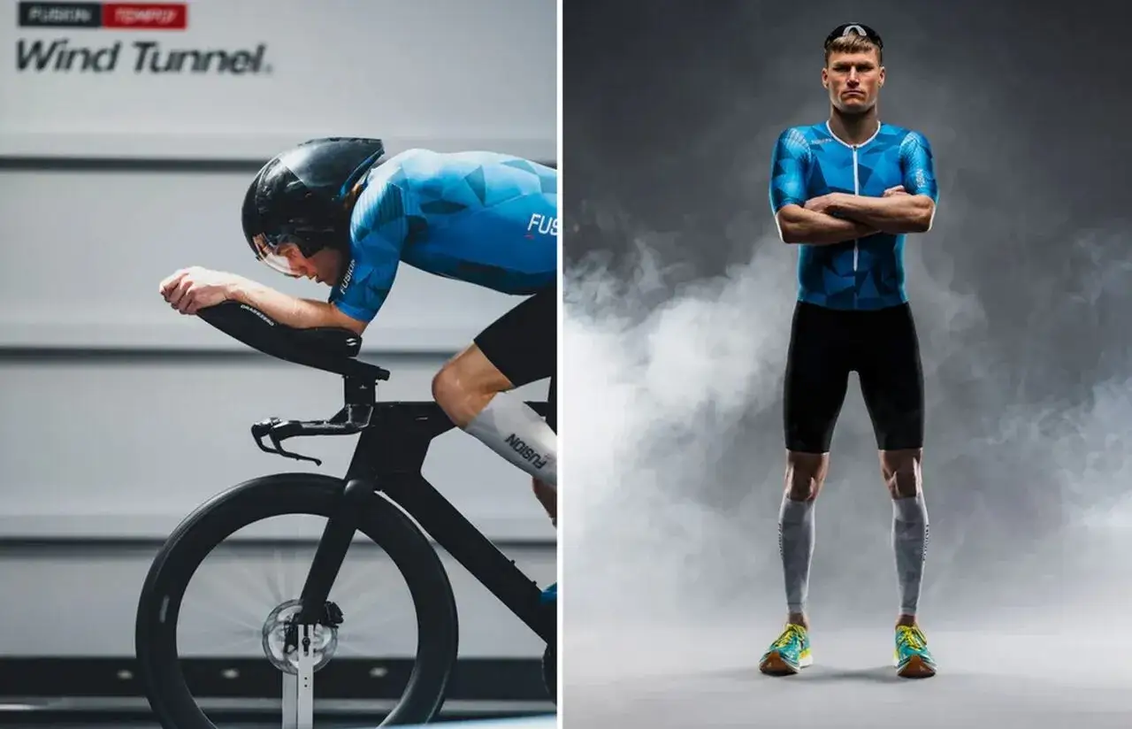 Triathlon zasady: zawodnik w aerodynamicznej pozycji na rowerze w tunelu wiatrowym i w pełnym stroju, gotowy do startu.