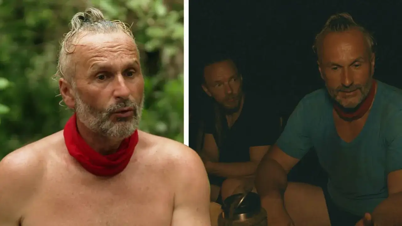 Fabian Turkalj med röd bandana i djungeln och vid lägerelden.