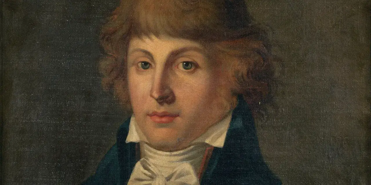 Portrait d'un jeune homme aux cheveux châtains, portant une chemise blanche et un jabot. Son regard est doux, comme s'il méditait sur le fait que le bonheur est une idée neuve en Europe.