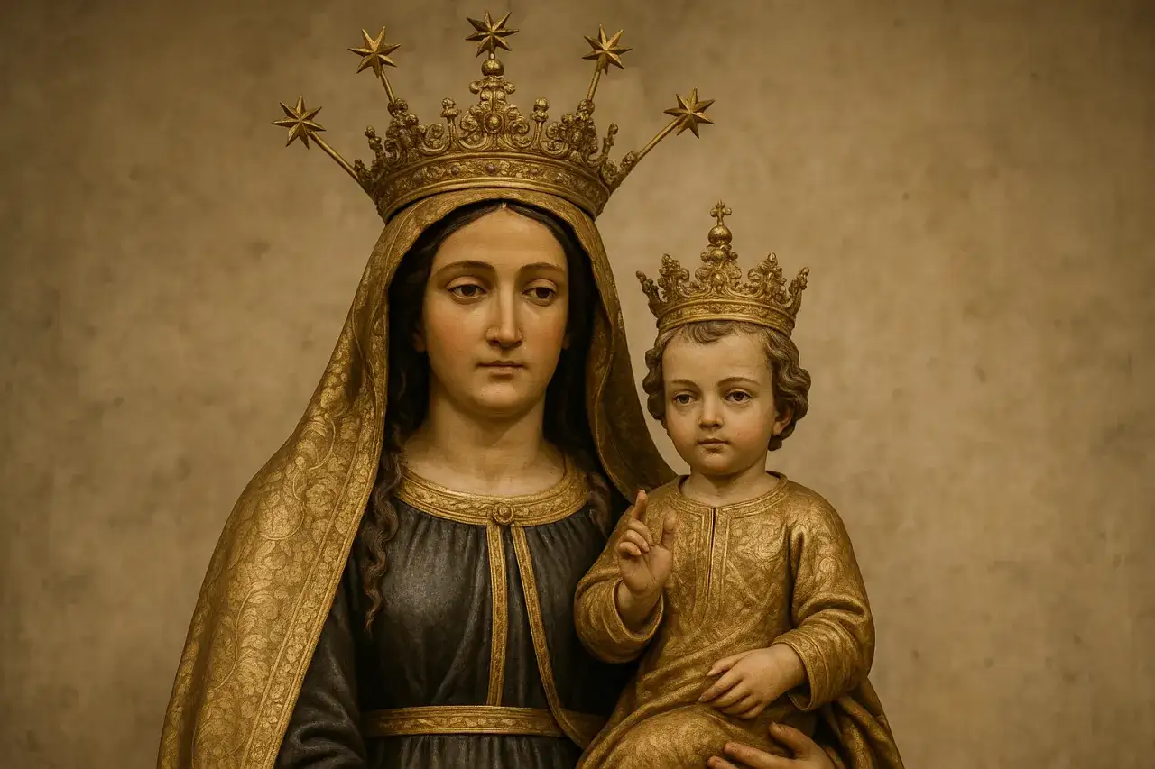 Rzeźba Matki Bożej Loretańskiej z Dzieciątkiem Jezus, w złotych koronach, symbolizująca nadzieję i wiarę.