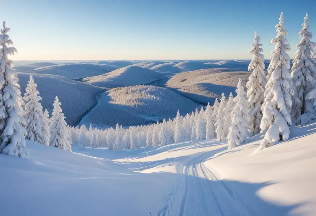 Sn&ouml;kl&auml;dda kullar och granar vid gruvberget Boden. En preparerad skidsp&aring;r leder genom det gnistrande vinterlandskapet.