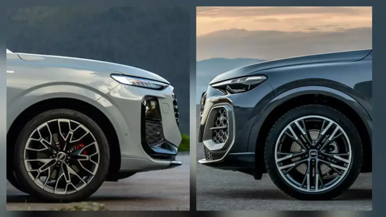 Dwa Audi Q3 Sportback w zbliżeniu, porównanie detali nadwozia i felg. Wymiary tych modeli są kluczowe dla wyboru.