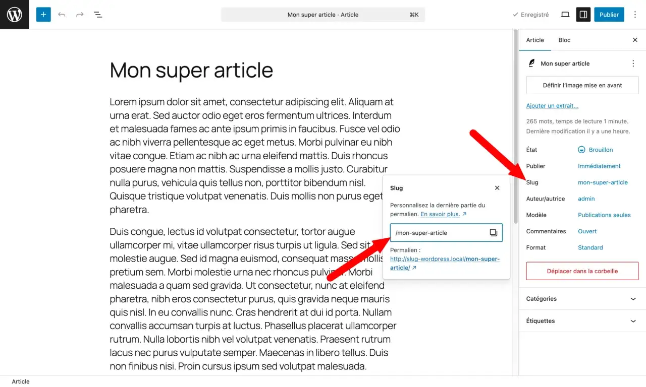 Modifier l'URL de la page WordPress : le champ