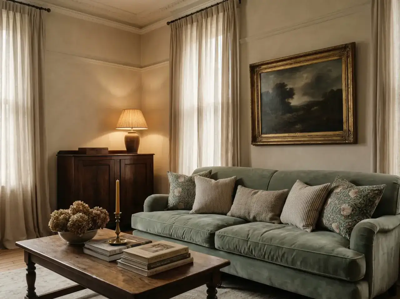 Un accogliente salotto in stile shabby con divano verde, tavolino in legno, quadri antichi e una lampada.