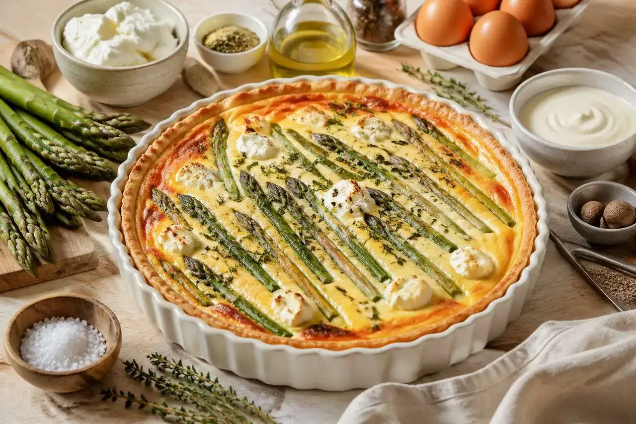Eine köstliche Spargel Quiche mit frischem Spargel, Ziegenkäse und Kräutern, umgeben von Zutaten wie Eiern und Sahne.