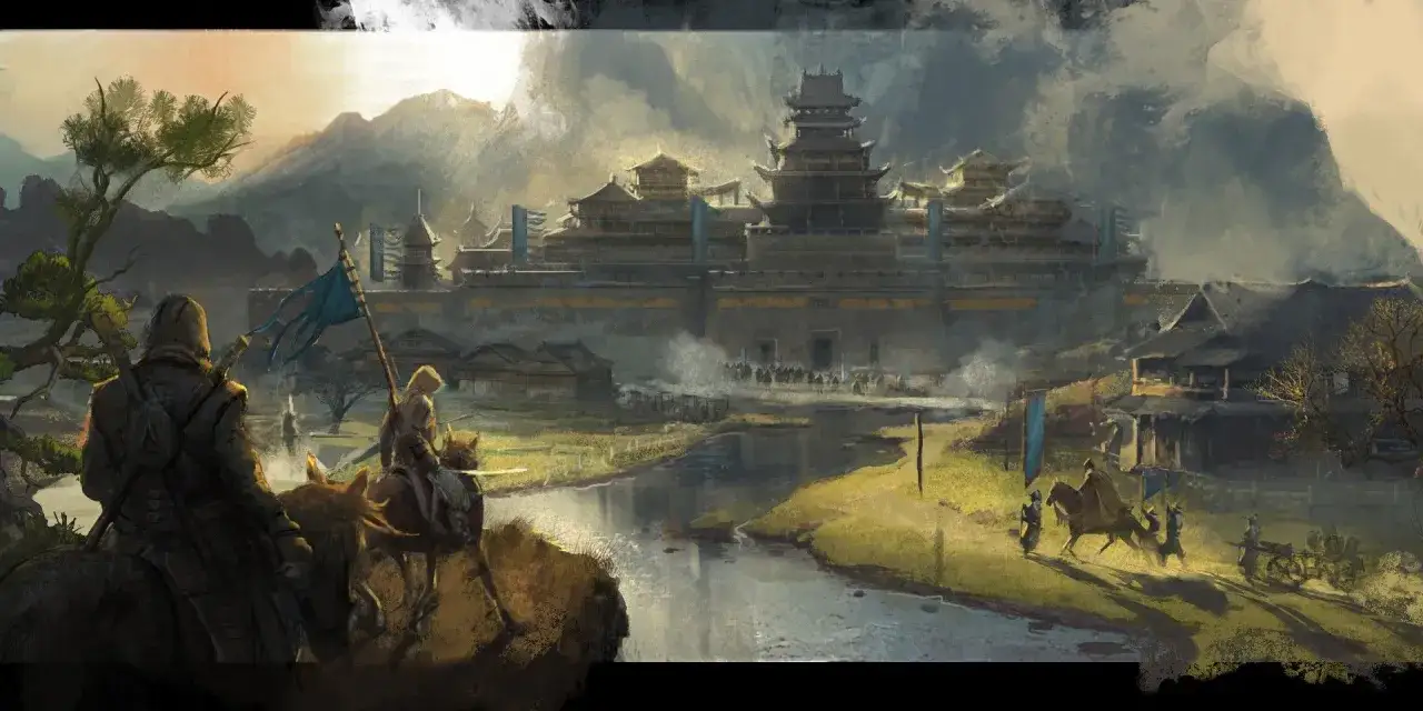 Reiter mit Kapuzen nähern sich einer Festung. Ein neues Assassin's Creed-Abenteuer in einer asiatischen Landschaft.