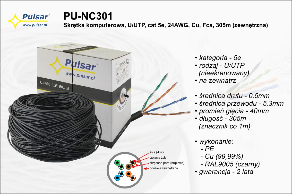 Czarny kabel komputerowy UTP Pulsar PU-NC301, kategoria 5e, 305m, z widocznym przekrojem żył.