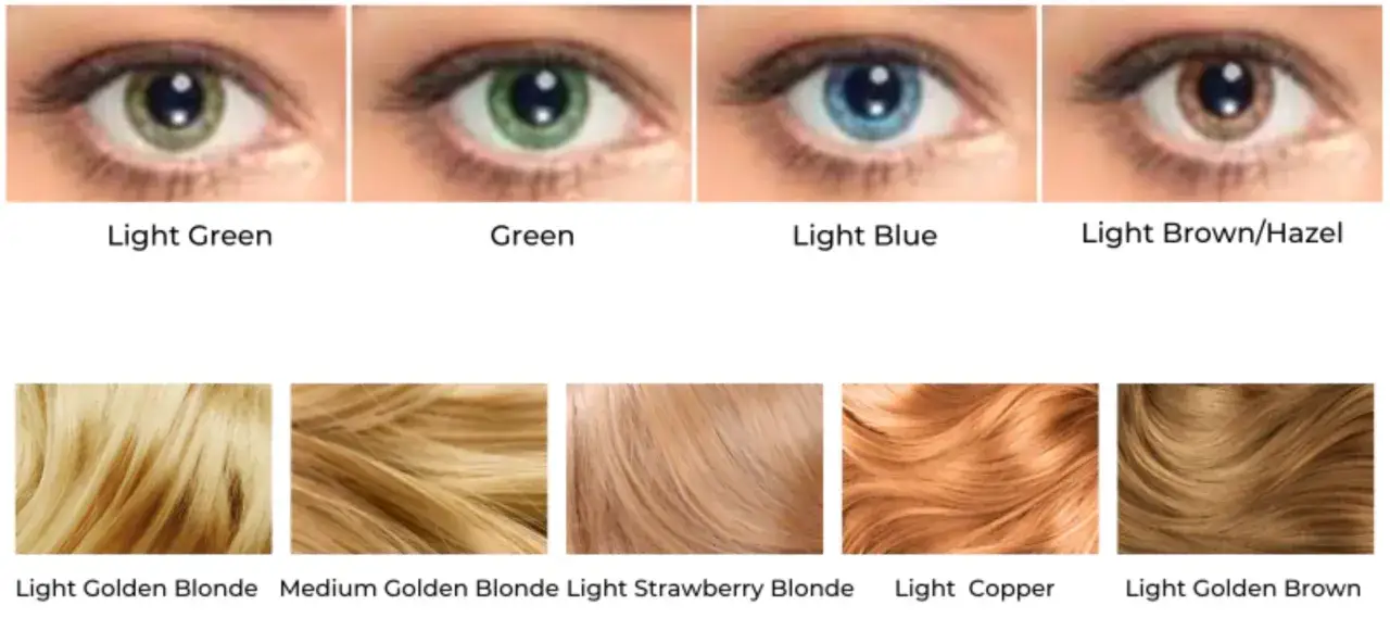 Oczy: jasny zielony, zielony, jasny niebieski, jasnobrązowy/orzechowy. Włosy: jasny złoty blond, średni złoty blond, jasny truskawkowy blond, jasny miedziany, jasny złoty brąz.