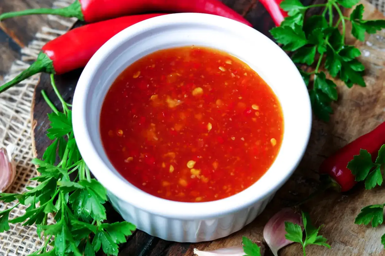 Schüssel mit leuchtend roter Sweet Chili Sauce, umgeben von frischen Chilis, Knoblauch und Petersilie. Ein einfaches Rezept für süß-scharfe Sauce.