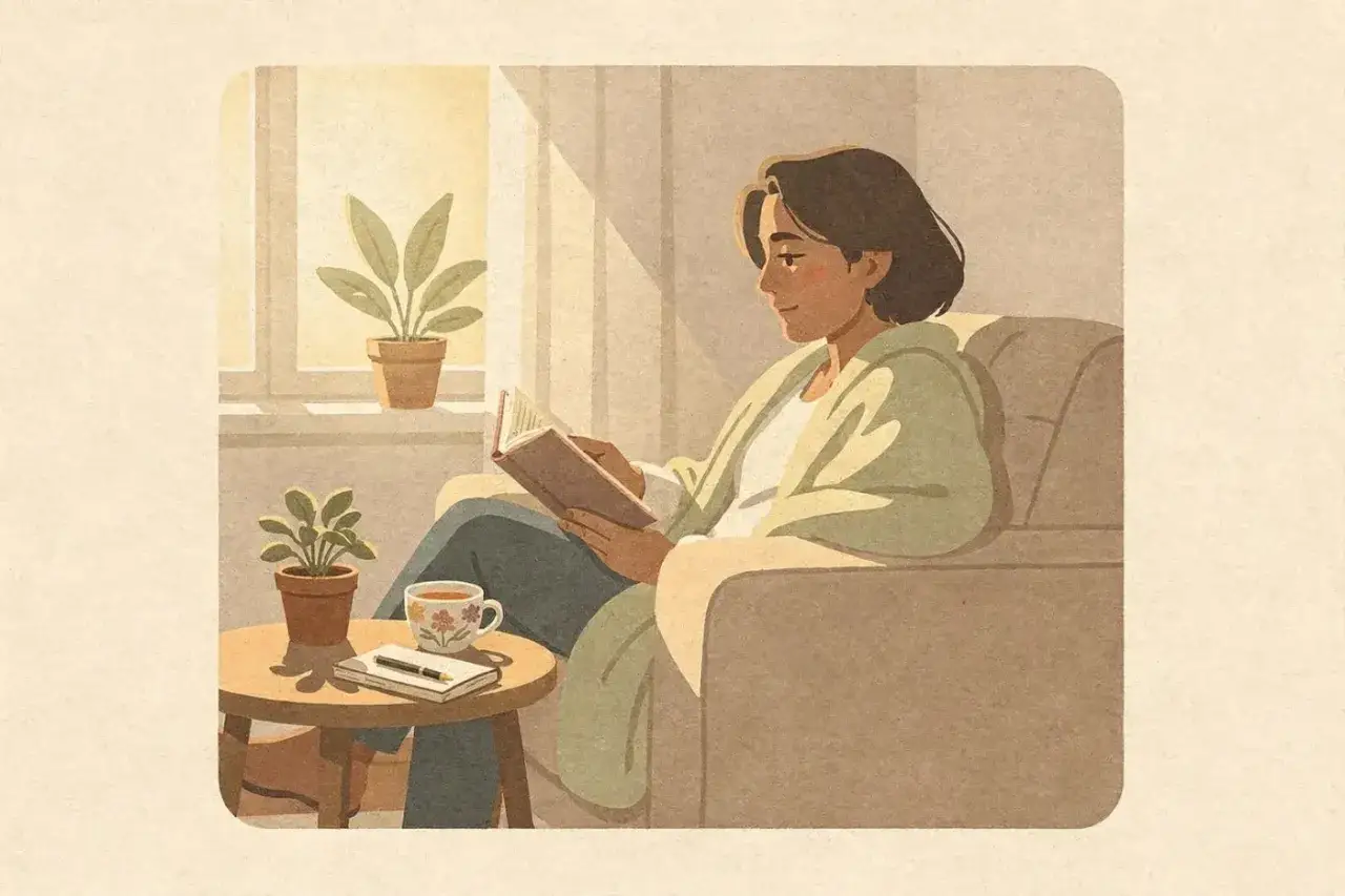 A person reads a book in a cozy armchair, sunlight streaming through the window. Beside them, a small table holds a notebook, pen, and a floral teacup, but my cup is empty.