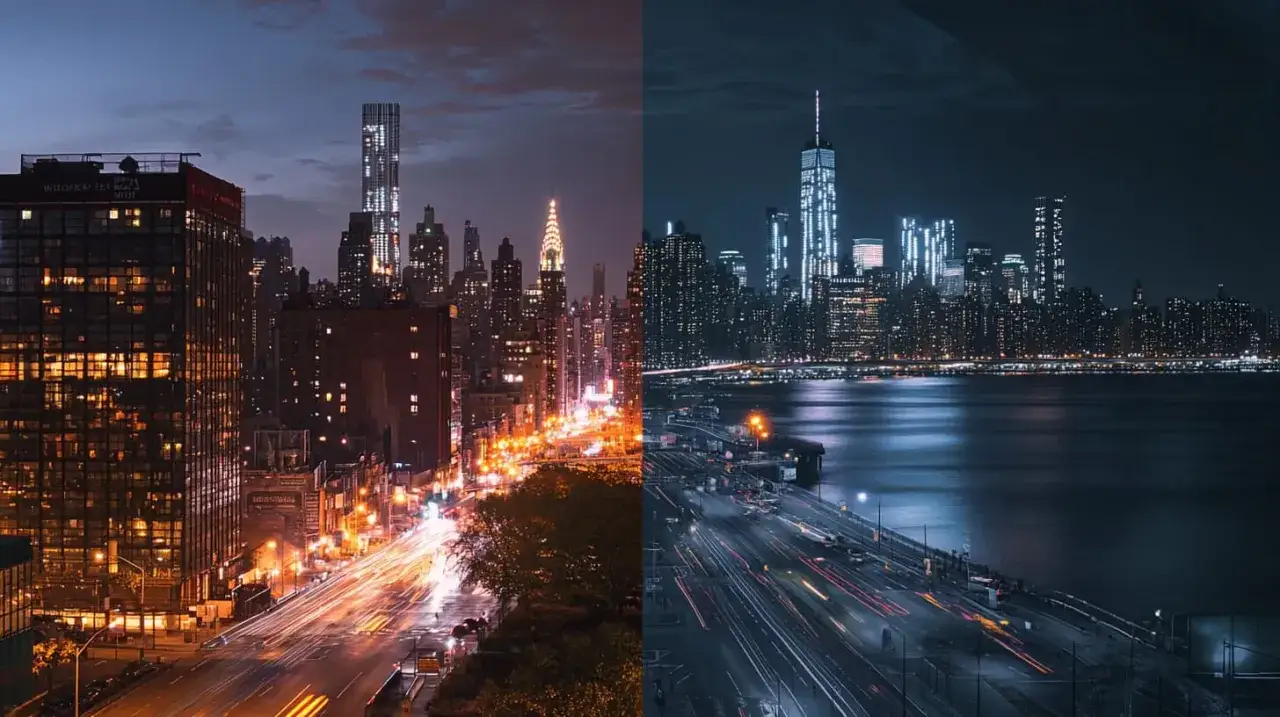 Dos vistas nocturnas de Nueva York, una con luces cálidas y estelas de coches, la otra con luces frías y el río. Denoise AI mejora la claridad.