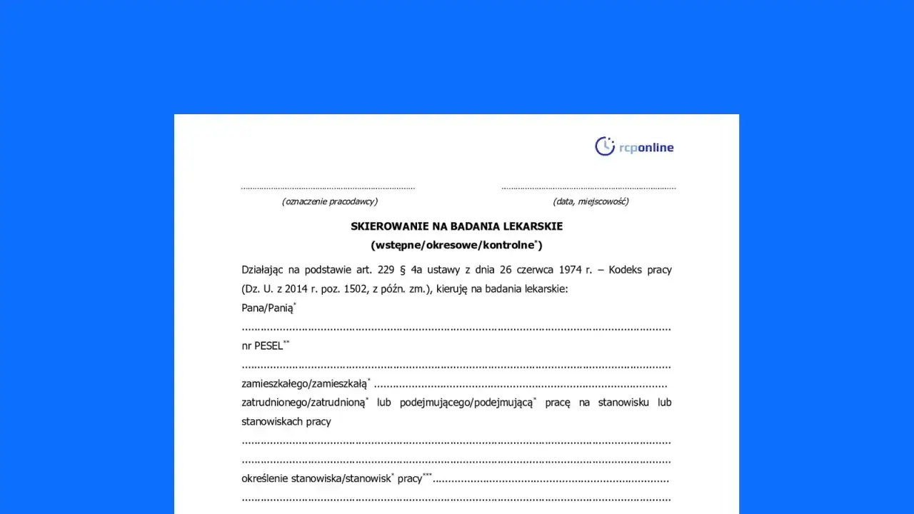 Dokument SKIEROWANIE NA BADANIA LEKARSKIE, zawierający dane pracownika i pracodawcy, wymagany do przeprowadzenia badań medycyny pracy.