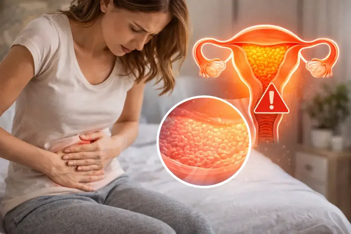 Kobieta z bólem brzucha. Grafika przedstawia macicę z przerostem endometrium, sugerując potrzebę leczenia.