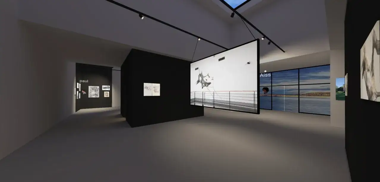 Une galerie d'art virtuelle gratuite, avec des &oelig;uvres expos&eacute;es sur des murs noirs et blancs. Des noms comme 