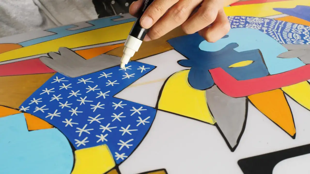 En hand m&aring;lar med posca pennor p&aring; en f&auml;rgglad, abstrakt yta med m&ouml;nster och former.