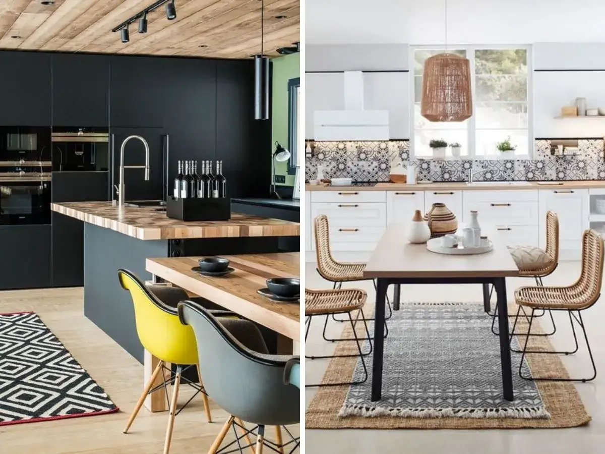 Cuisine salle à manger en longueur avec îlot central moderne noir et bois, et une autre cuisine lumineuse blanche avec table en rotin.