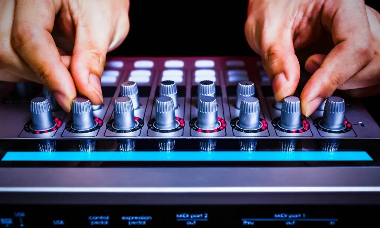 Hände drehen Regler an einem Gerät, das mit dem goxlr mini software verbunden ist.