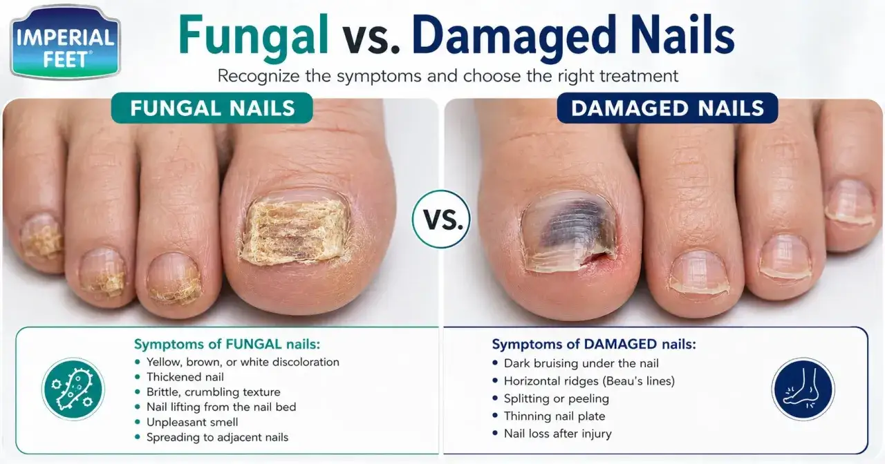 Comparaison d'un ongle abîmé par une mycose (jaunâtre, épais) et d'un ongle abîmé par un traumatisme (bleu, fissuré).