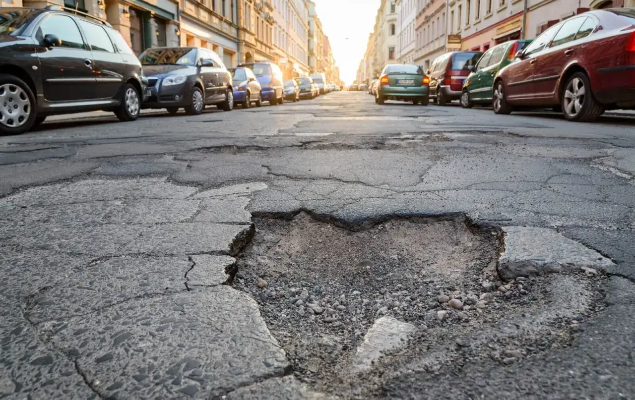 Un cratere sull'asfalto, una gomma tagliata sul marciapiede. Auto parcheggiate lungo una strada dissestata.