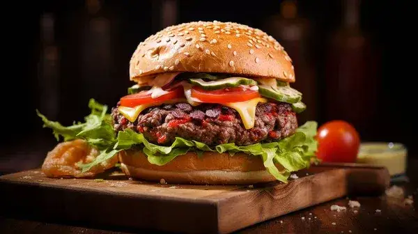apetyczny klasyczny hamburger wołowy na drewnianej desce