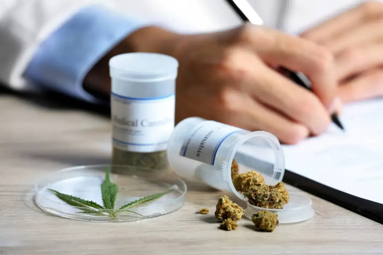 Medyczna marihuana w pojemnikach, liść konopi na szalce Petriego. W tle lekarz przepisuje receptę.