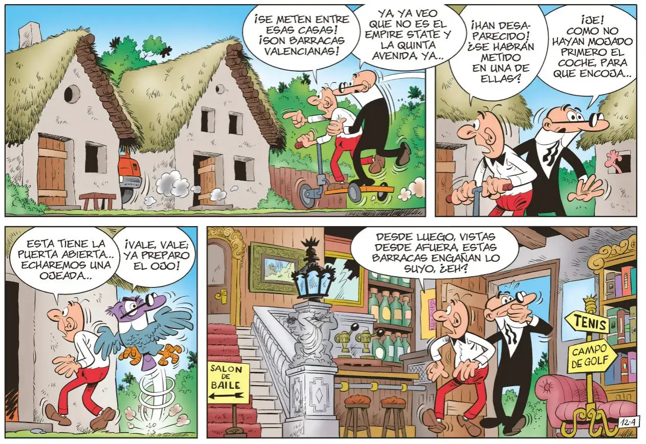 Personajes discuten sobre barracas, ideas para hacer un c&oacute;mic. Un b&uacute;ho sale de una puerta. Escenas interiores y exteriores.