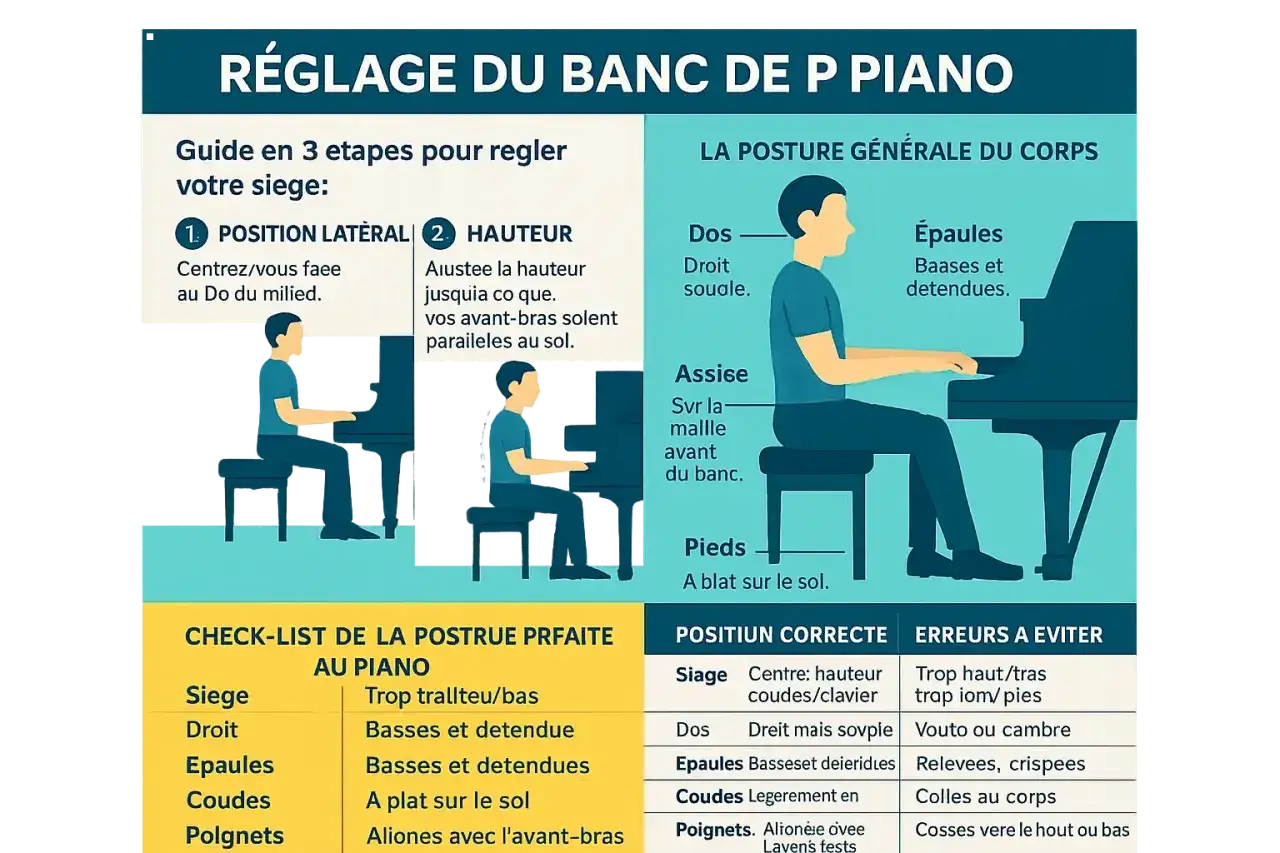 Guide pour r&eacute;gler la hauteur tabouret piano : ajustez pour que vos avant-bras soient parall&egrave;les au sol.