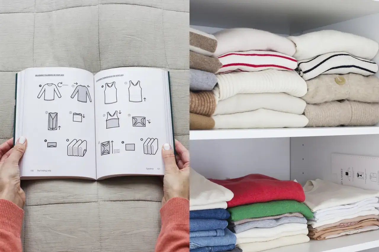 Instrukcja jak składać t-shirty żeby się nie pogniotły, obok stosy schludnie ułożonych ubrań w szafie.