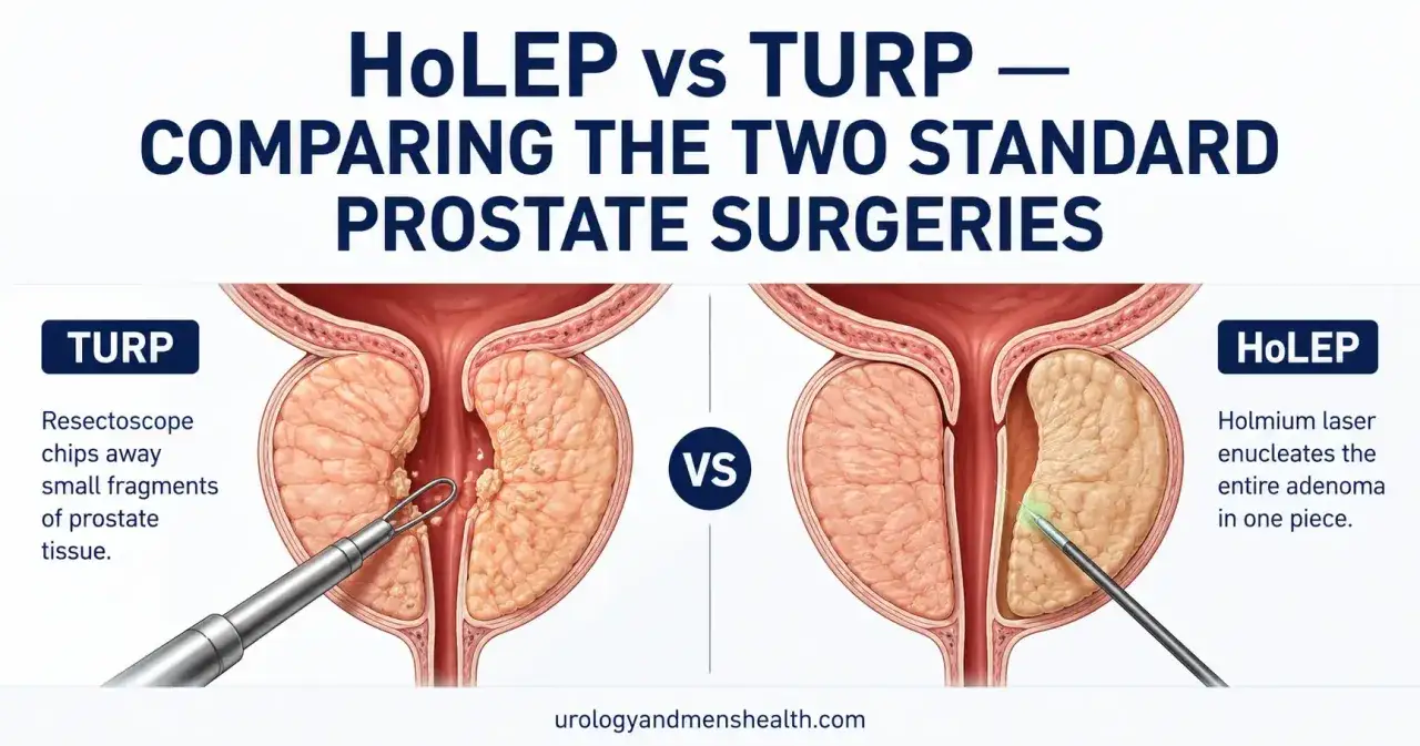Porównanie dwóch metod operacji prostaty: TURP usuwa fragmenty, HoLEP laserem usuwa całość.