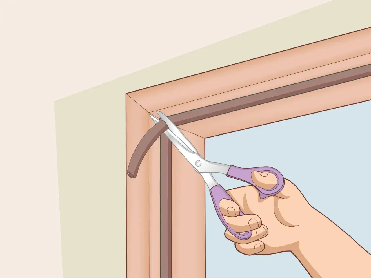 Main tenant une paire de ciseaux pour couper un joint de fenêtre en PVC.