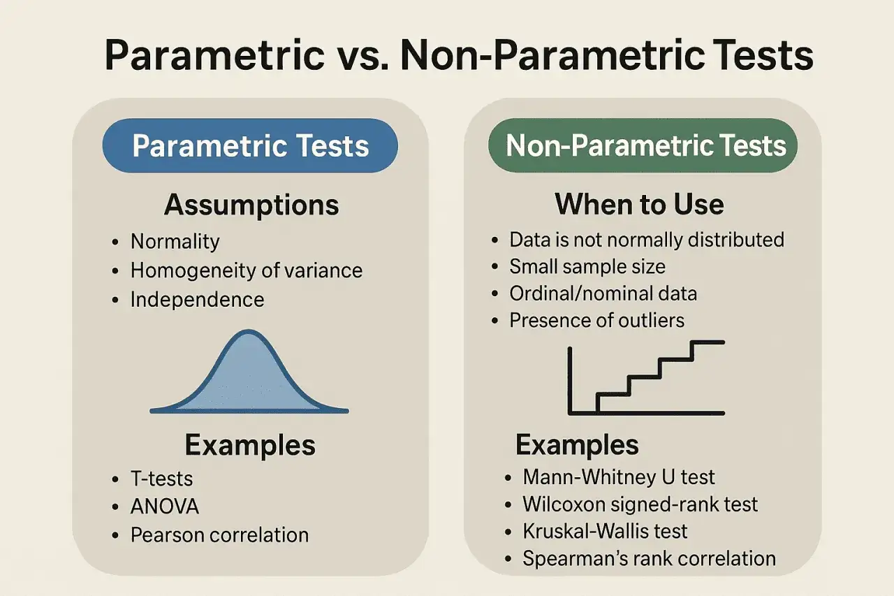 Confronto tra test parametrici e non parametrici. Il test non parametrico &egrave; utile quando i dati non sono distribuiti normalmente o la dimensione del campione &egrave; piccola.