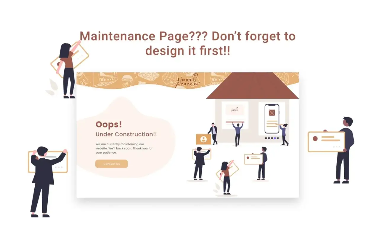 Des gens construisent une page **under construction** avec des éléments graphiques. Le site est en maintenance.